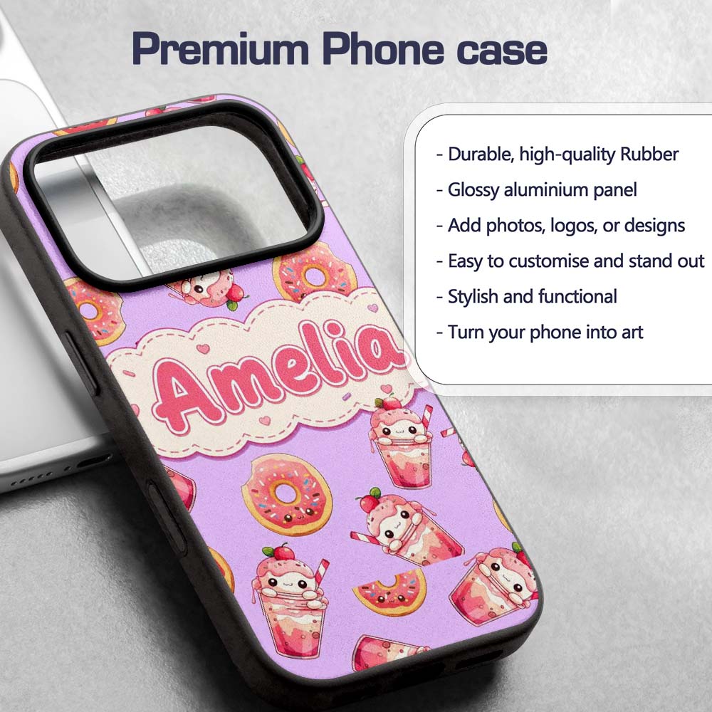 Cute Kawaii Donut and Strawberry Drink Seamless Custom Name Protective Phone Case Mobile Cover Durable Everyday Smartphone Shock Resistant