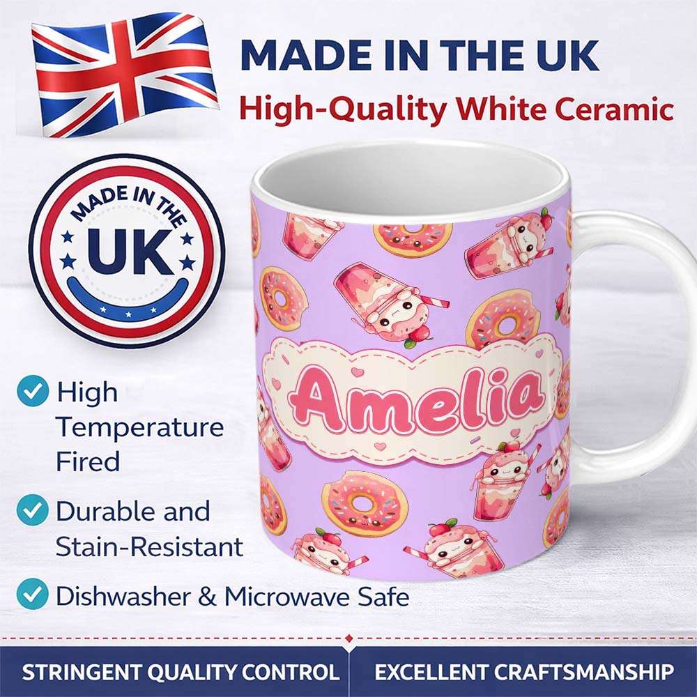 Personalized Custom Name Cute Kawaii Donut and Strawberry Drink Seamless Pattern Purple 11oz Ceramic Coffee Tea Mug White Large Handle