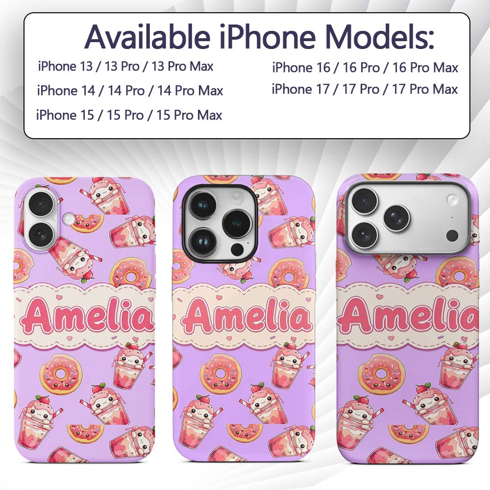 Cute Kawaii Donut and Strawberry Drink Seamless Custom Name Protective Phone Case Mobile Cover Durable Everyday Smartphone Shock Resistant