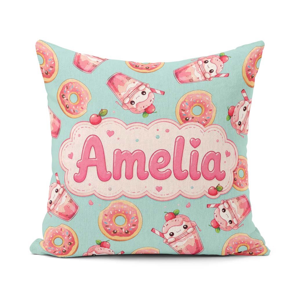 Custom Name Cute Kawaii Donut and Strawberry Drink Pattern Teal Square Filled Cushion Throw Pillow Sofa Bed Home Decor Zip Washable UK Made