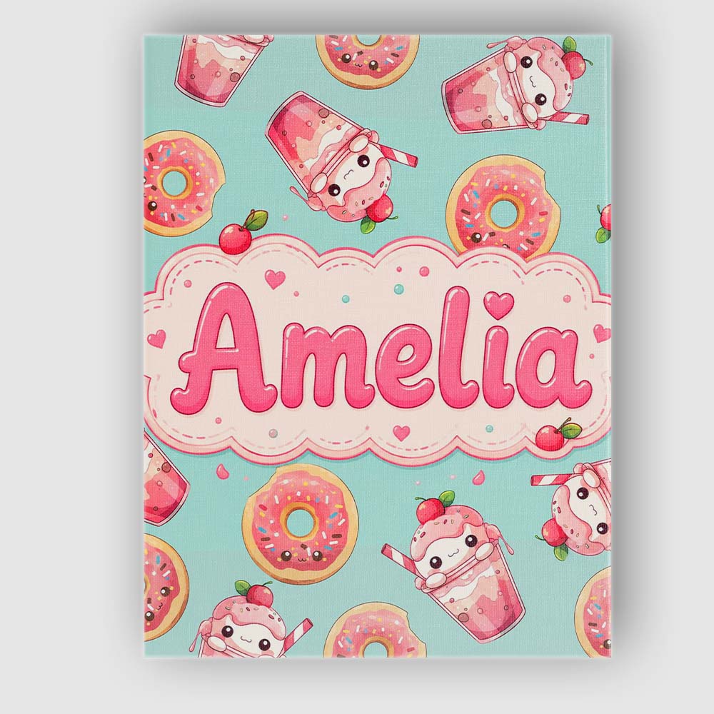 Personalised Name Cute Kawaii Donut and Custom Modern Room Accent Elegant Feature Canvas Wall Art Print Decor Picture Ready to Hang