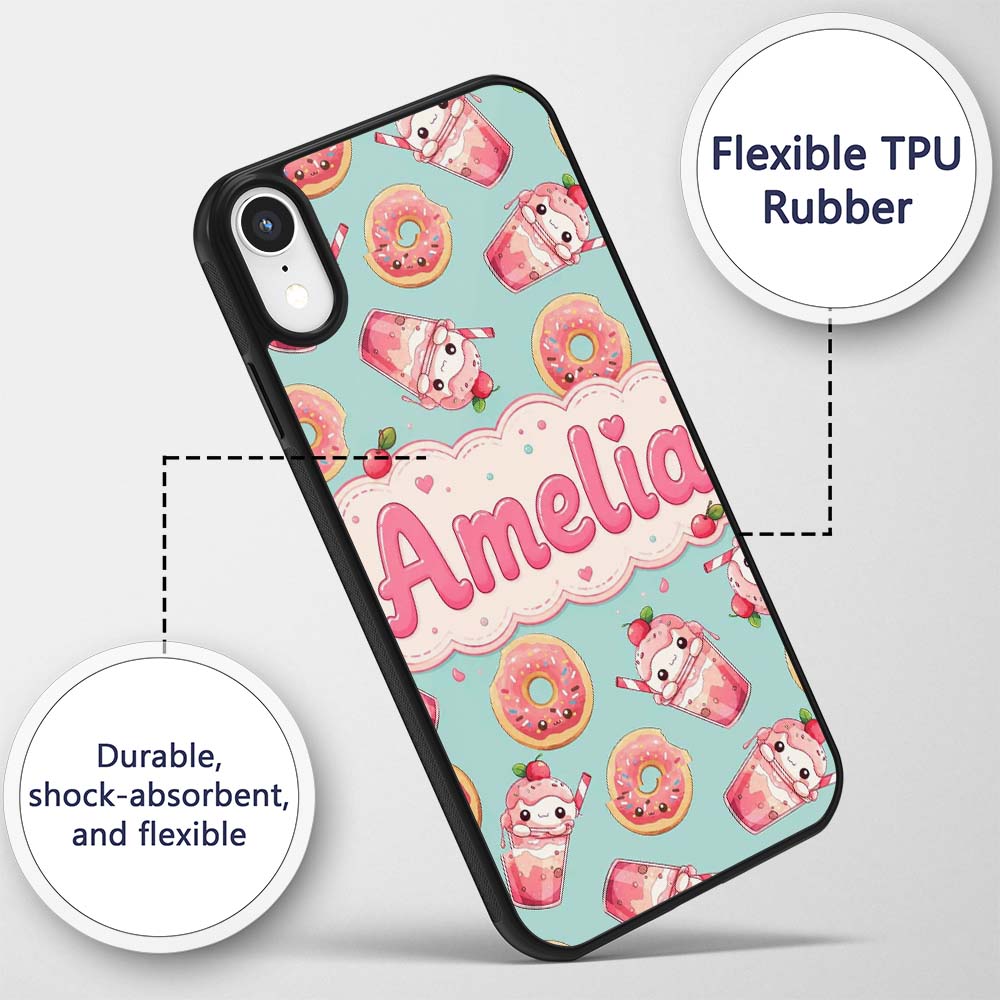 Cute Kawaii Donut and Strawberry Drink Pattern Custom Name Protective Phone Case Mobile Cover Durable Everyday Smartphone Shock Resistant