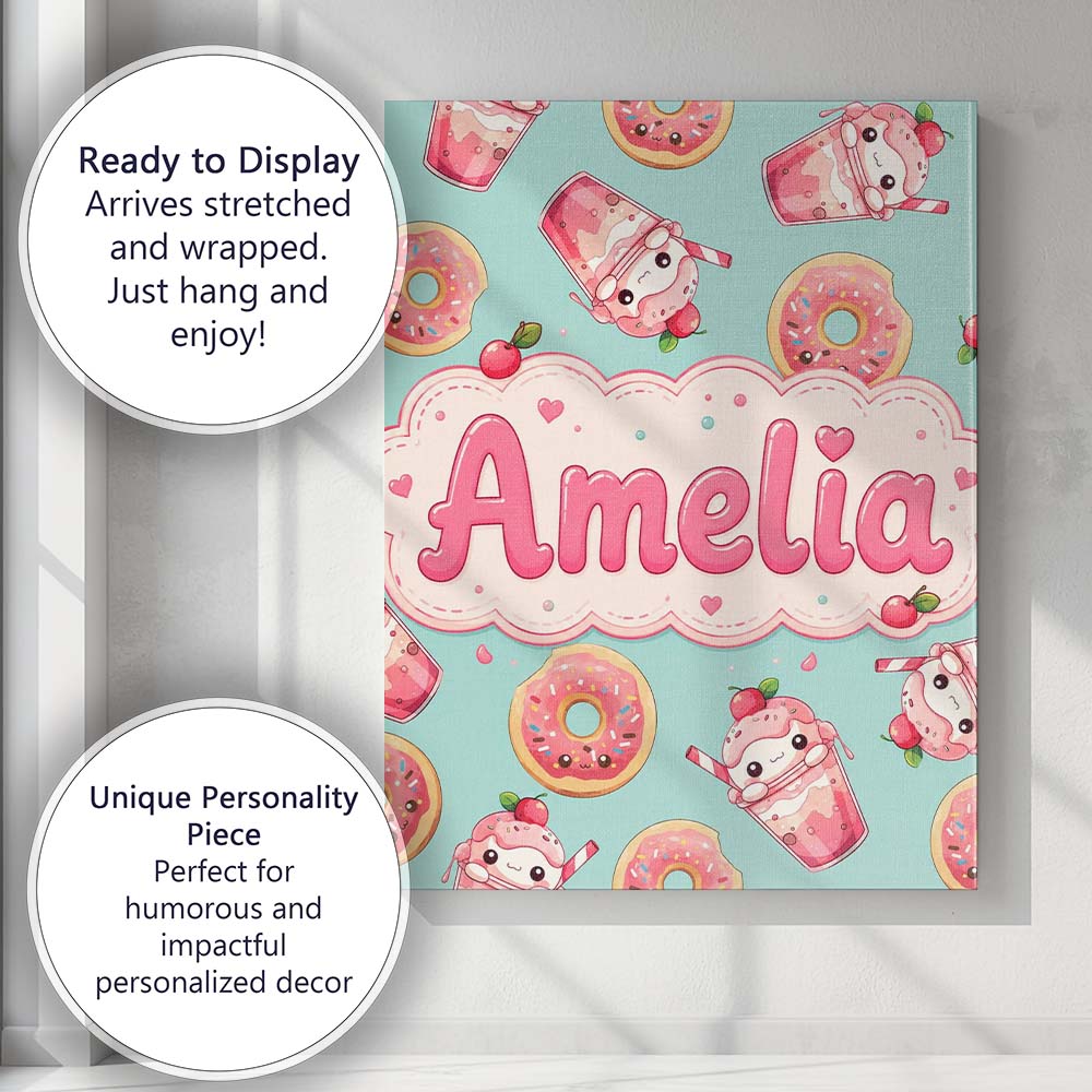 Personalised Name Cute Kawaii Donut and Custom Modern Room Accent Elegant Feature Canvas Wall Art Print Decor Picture Ready to Hang
