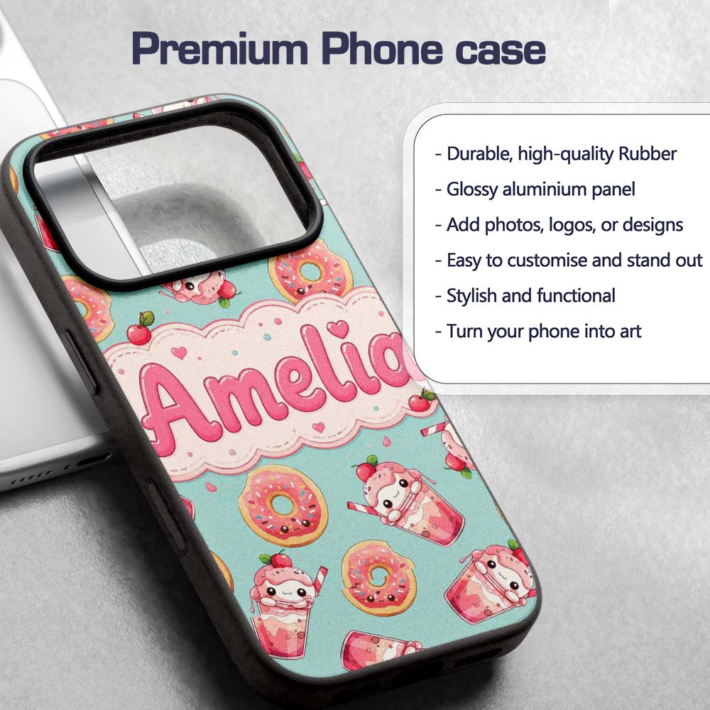 Cute Kawaii Donut and Strawberry Drink Pattern Custom Name Protective Phone Case Mobile Cover Durable Everyday Smartphone Shock Resistant