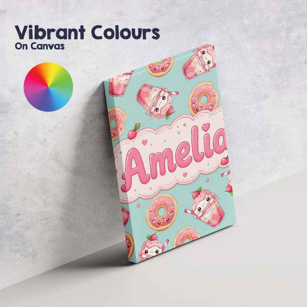 Personalised Name Cute Kawaii Donut and Custom Modern Room Accent Elegant Feature Canvas Wall Art Print Decor Picture Ready to Hang