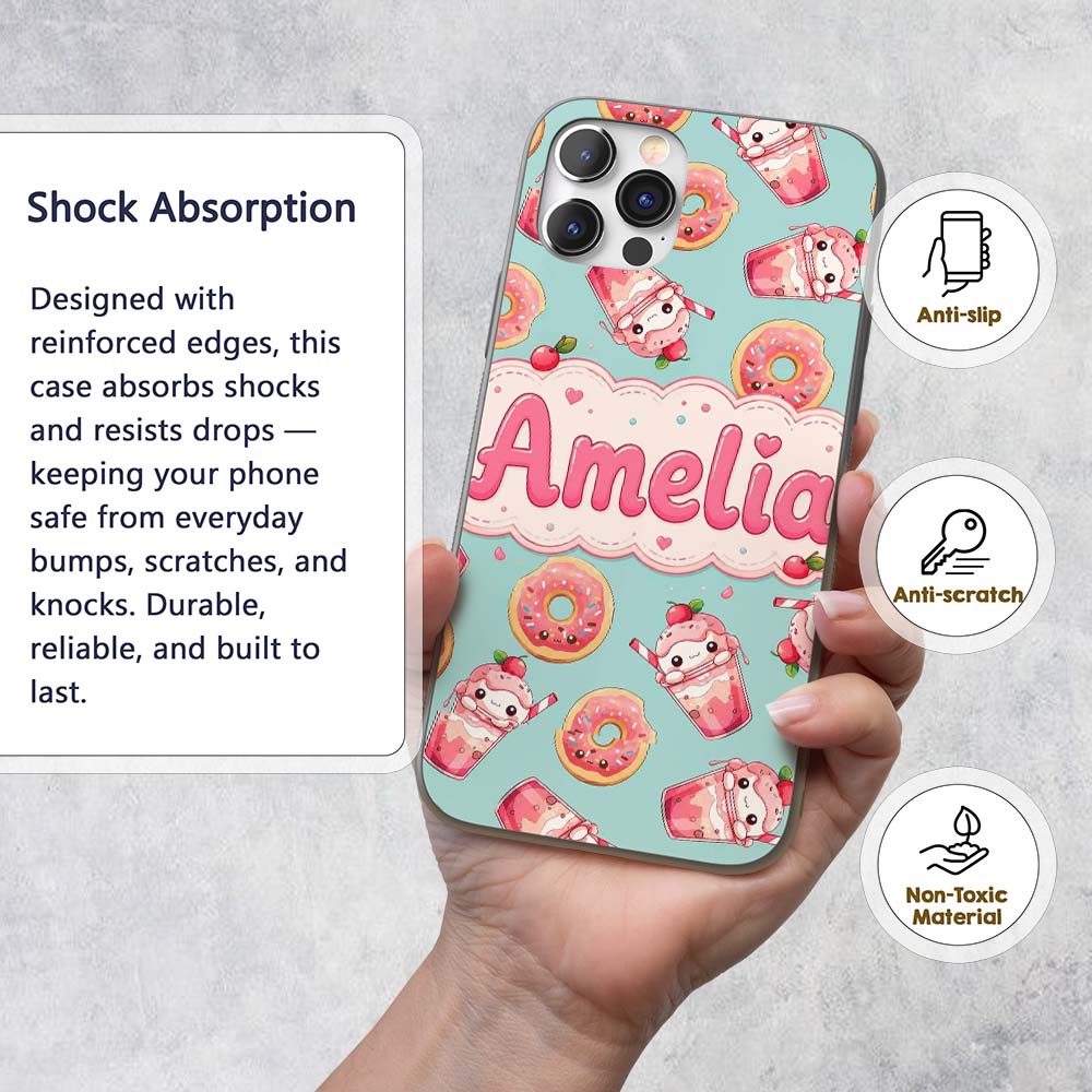 Cute Kawaii Donut and Strawberry Drink Pattern Custom Name Protective Phone Case Mobile Cover Durable Everyday Smartphone Shock Resistant