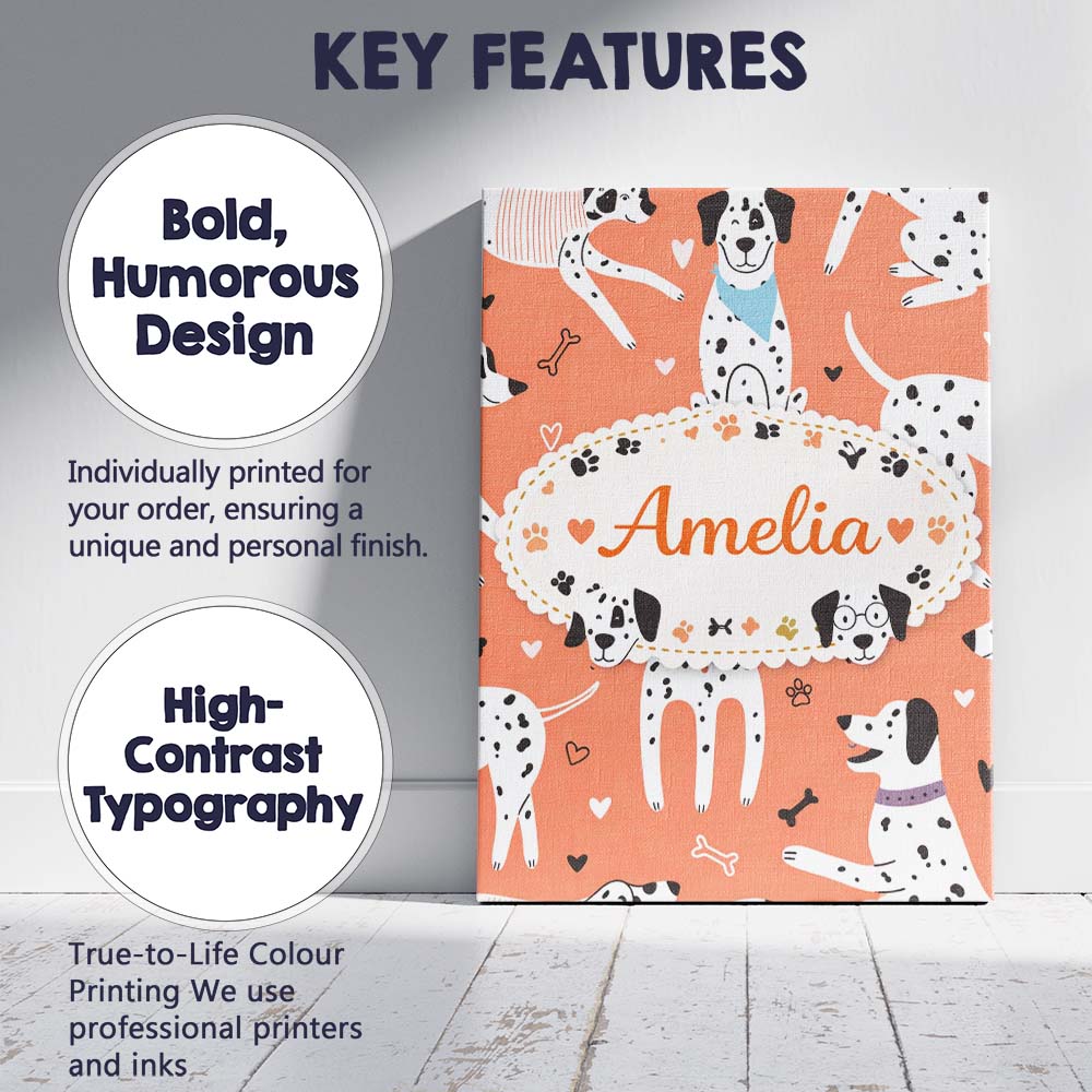 Personalised Name Dalmatian Dogs Hearts Peach Background Seamless Custom Bespoke Canvas Wall Art Print Decor Picture Ready to Hang