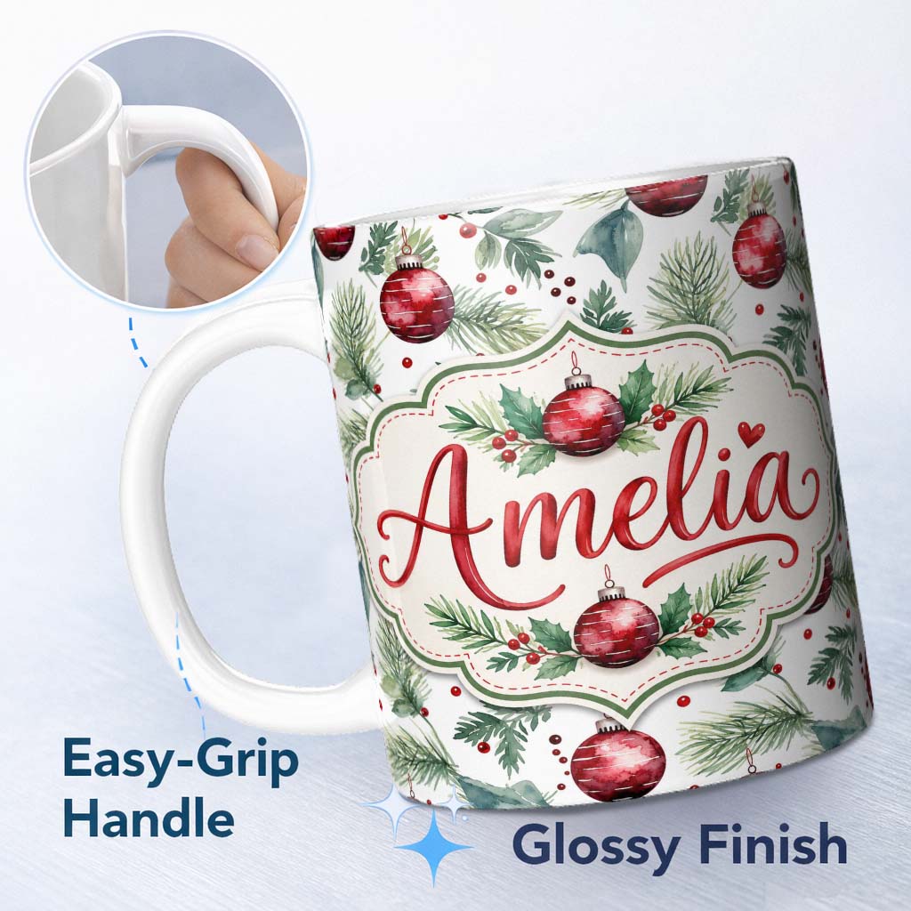 Personalized Custom Name Watercolor Red Bauble Pine Leaf Berry Holiday Seamless Pattern 11oz Ceramic Coffee Tea Mug White Large Handle