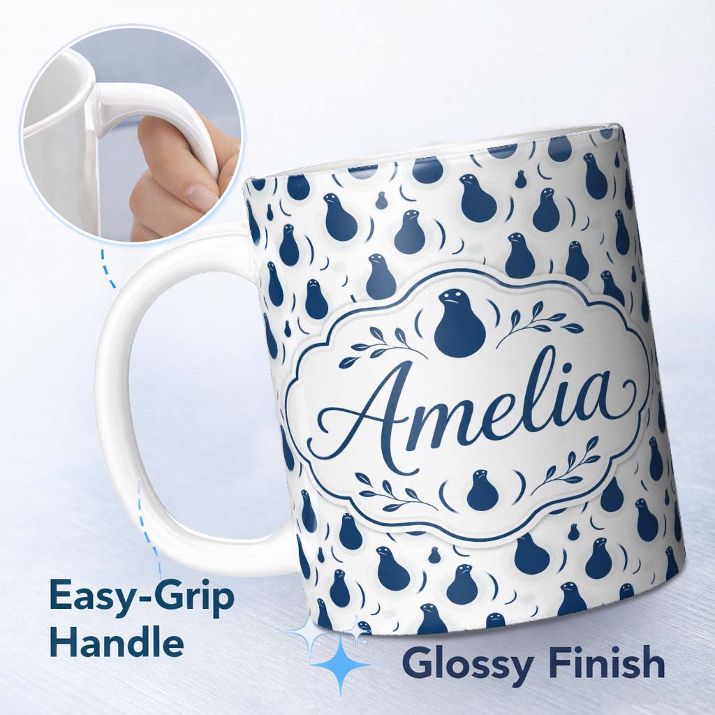 Personalized Custom Name Dark Moody Seal Portraits Dramatic Ocean Art Seamless Pattern Lovely 11oz Ceramic Coffee Tea Mug White Large Handle