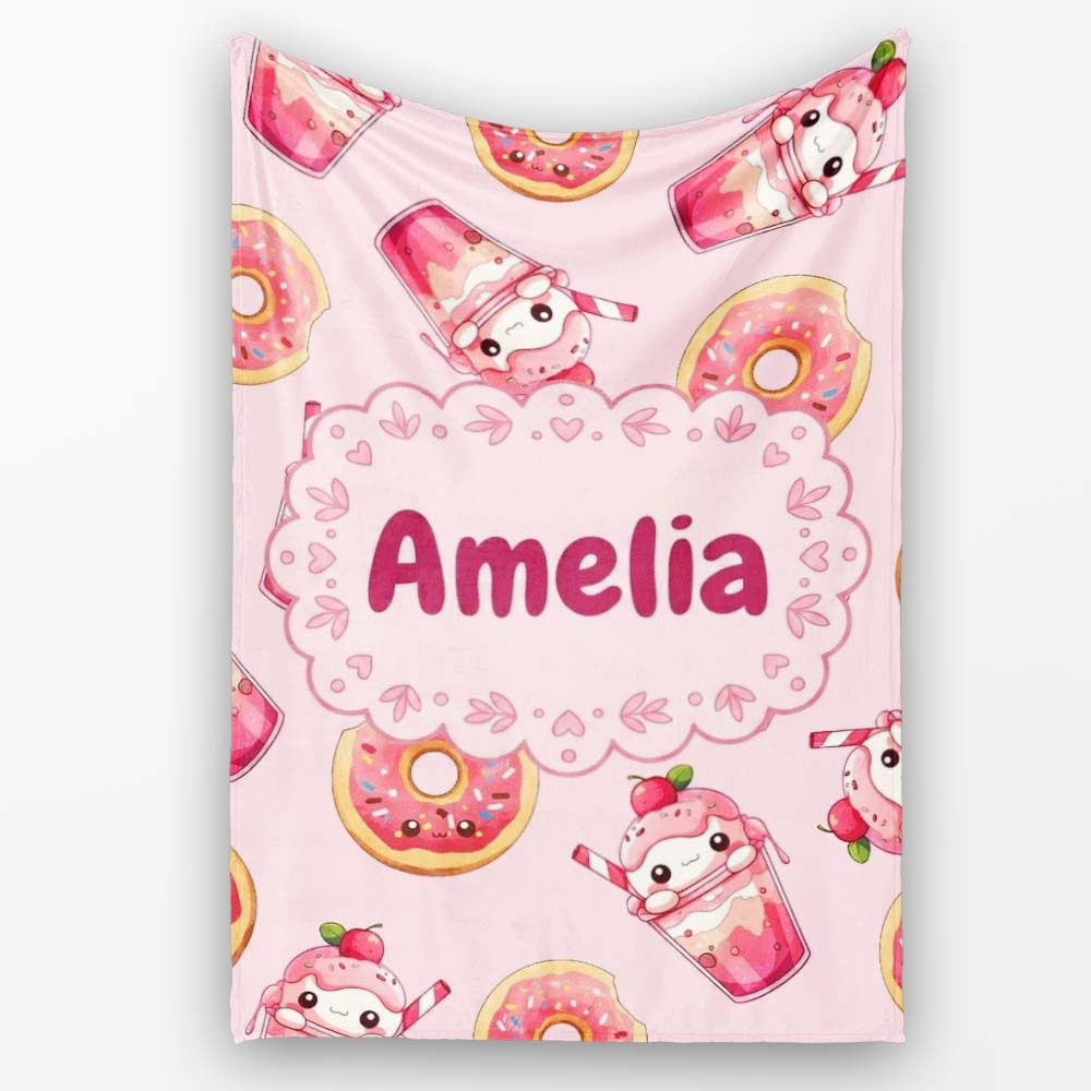 Cute Kawaii Donut and Strawberry Drink Pattern Soft Pink Background Personalised Custom Name Super Soft Fleece Blanket Bed Sofa Throw
