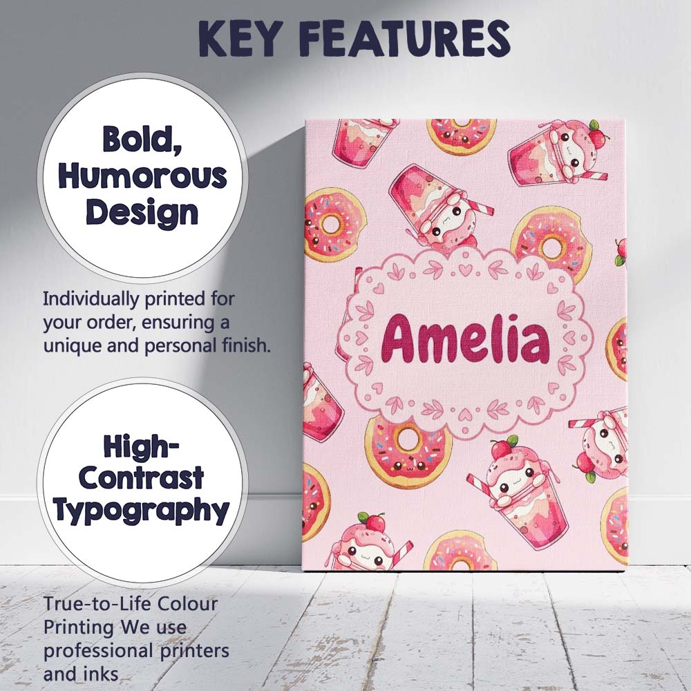 Personalised Name Cute Kawaii Donut and Custom Modern Room Accent Elegant Feature Canvas Wall Art Print Decor Picture Ready to Hang