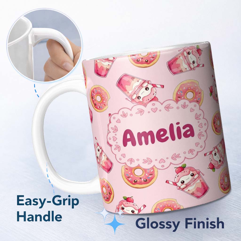 Personalized Custom Name Cute Kawaii Donut and Strawberry Drink Pattern Soft Pink Background 11oz Ceramic Coffee Tea Mug White Large Handle