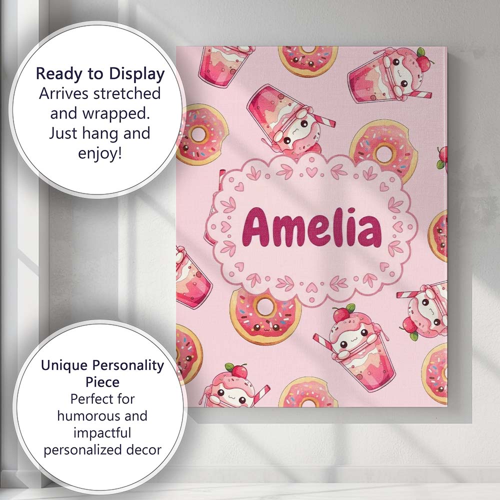 Personalised Name Cute Kawaii Donut and Custom Modern Room Accent Elegant Feature Canvas Wall Art Print Decor Picture Ready to Hang