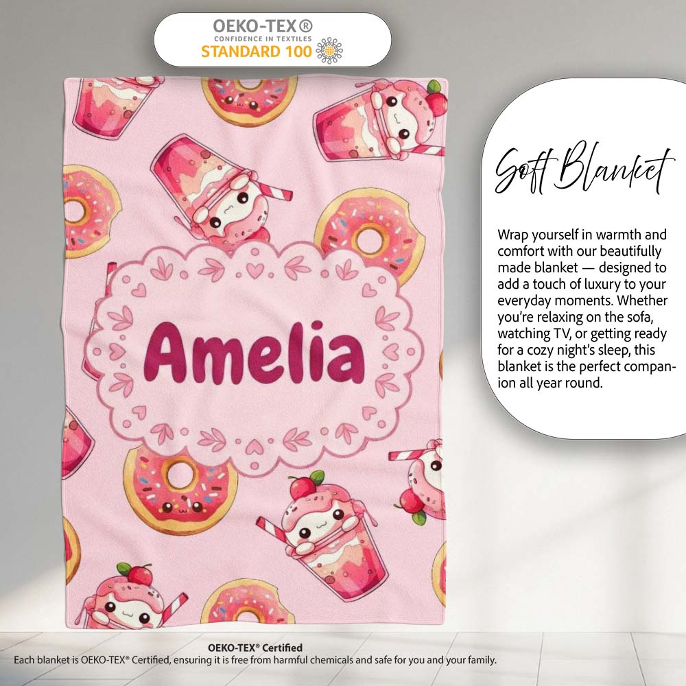 Cute Kawaii Donut and Strawberry Drink Pattern Soft Pink Background Personalised Custom Name Super Soft Fleece Blanket Bed Sofa Throw