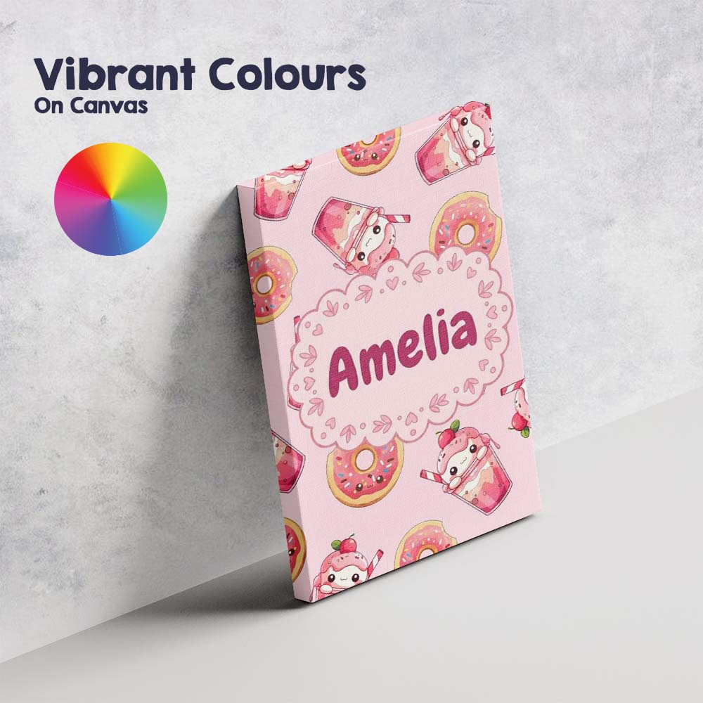 Personalised Name Cute Kawaii Donut and Custom Modern Room Accent Elegant Feature Canvas Wall Art Print Decor Picture Ready to Hang