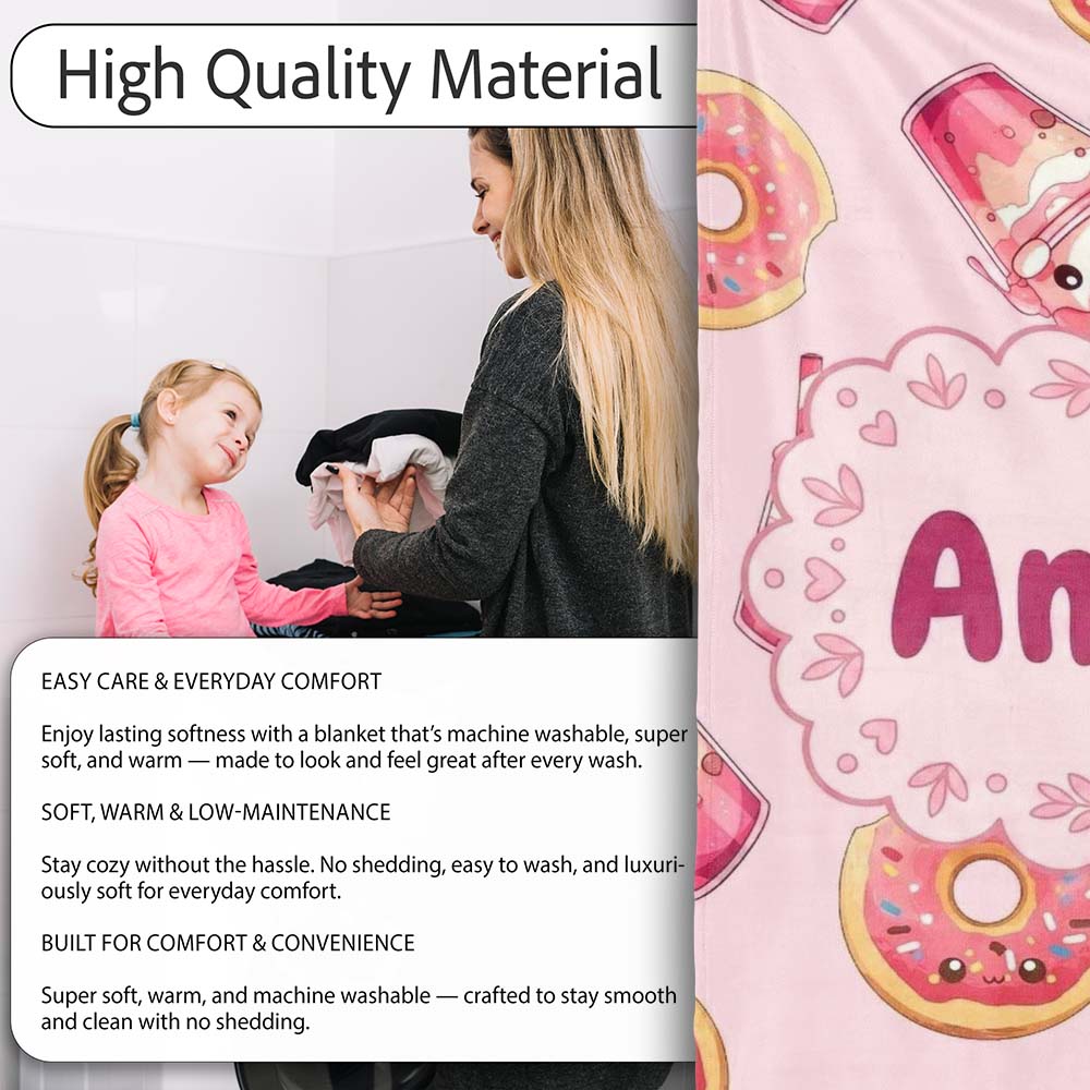 Cute Kawaii Donut and Strawberry Drink Pattern Soft Pink Background Personalised Custom Name Super Soft Fleece Blanket Bed Sofa Throw
