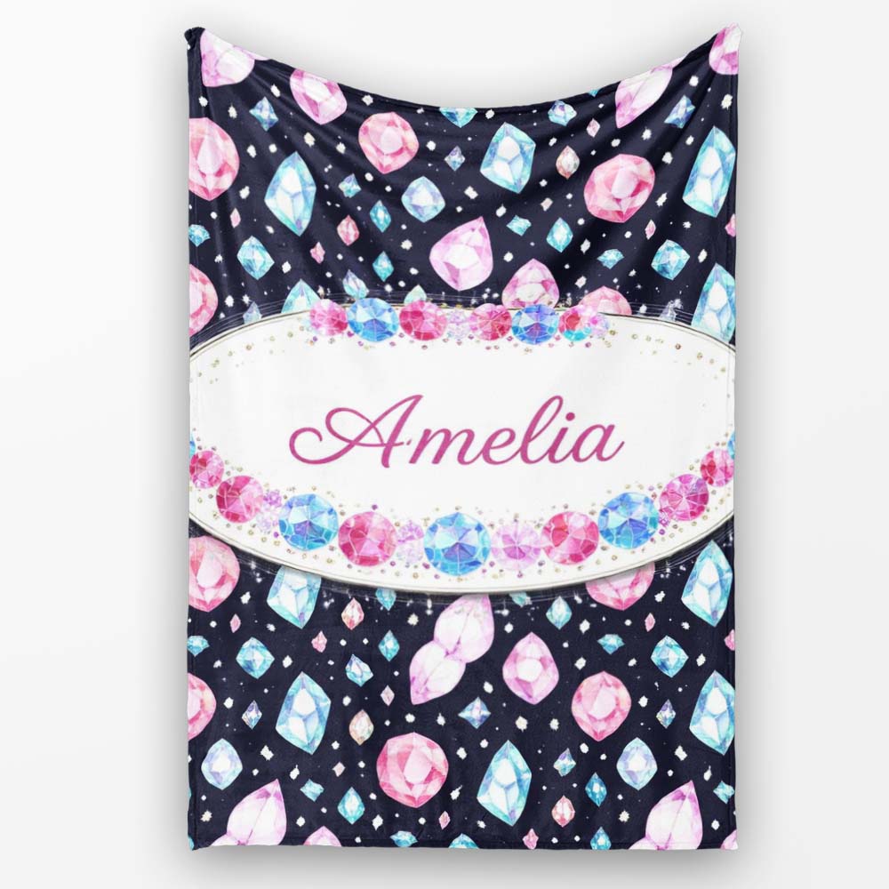 Navy Blue Cosmic Crystal Gemstone Seamless Pattern Cute Unique Gift Personalised Custom Name Super Soft Fleece Blanket Bed Sofa Throw