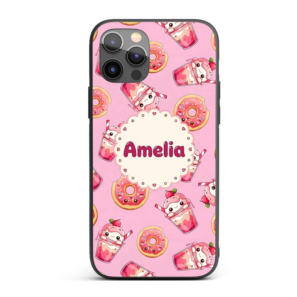 Cute Kawaii Donut and Strawberry Drink Pattern Custom Name Protective Phone Case Mobile Cover Durable Everyday Smartphone Shock Resistant