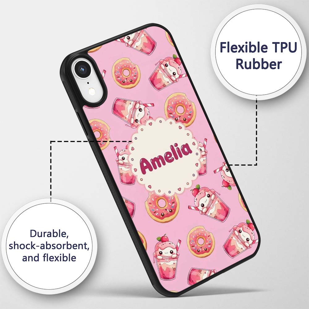 Cute Kawaii Donut and Strawberry Drink Pattern Custom Name Protective Phone Case Mobile Cover Durable Everyday Smartphone Shock Resistant