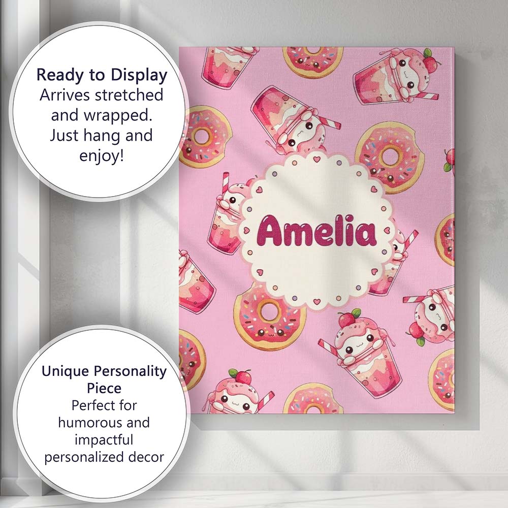 Personalised Name Cute Kawaii Donut and Custom Modern Room Accent Elegant Feature Canvas Wall Art Print Decor Picture Ready to Hang