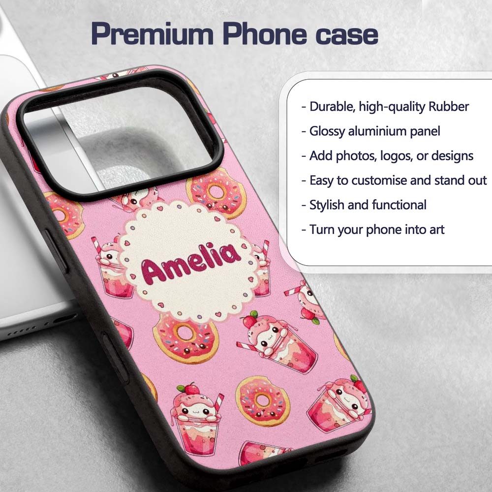 Cute Kawaii Donut and Strawberry Drink Pattern Custom Name Protective Phone Case Mobile Cover Durable Everyday Smartphone Shock Resistant