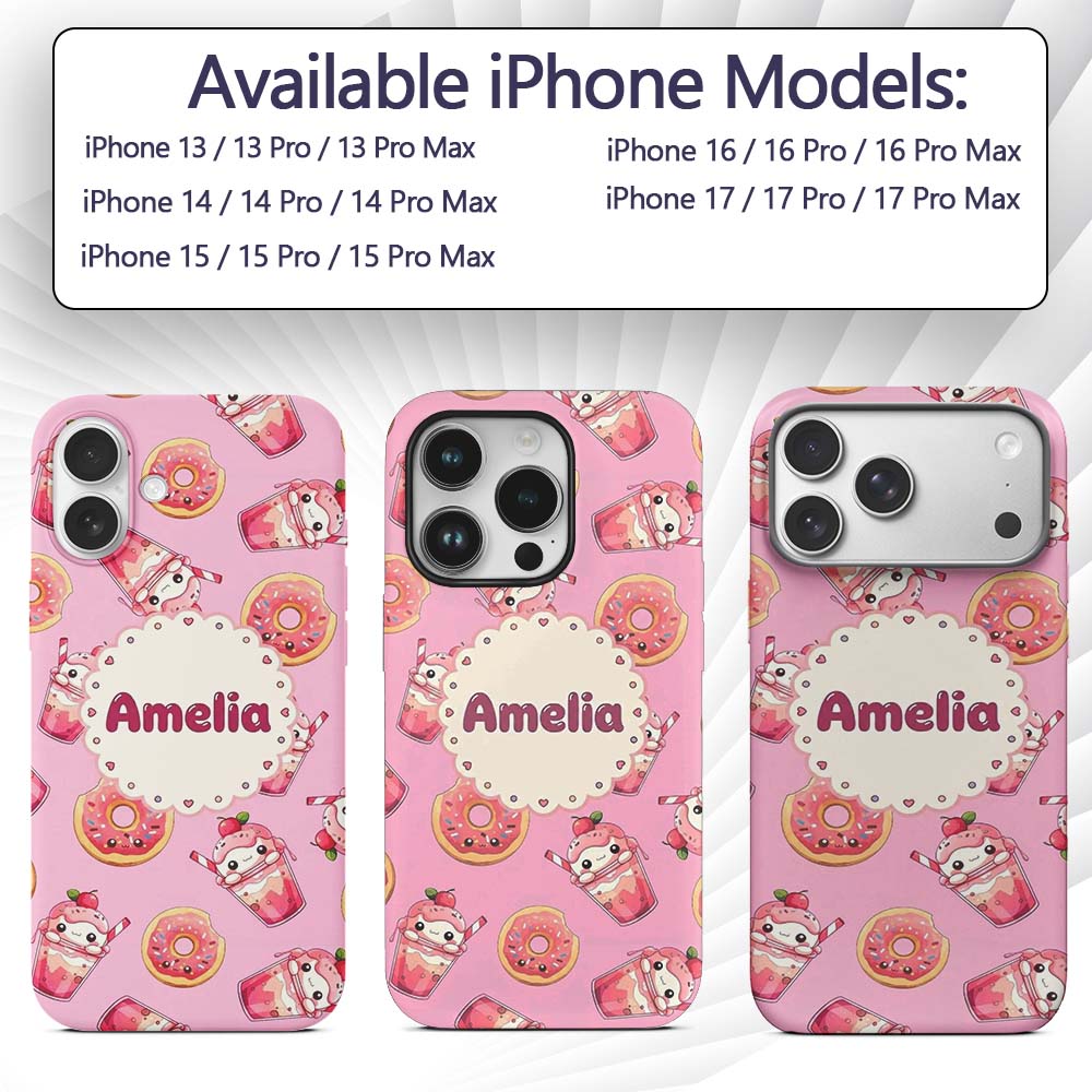 Cute Kawaii Donut and Strawberry Drink Pattern Custom Name Protective Phone Case Mobile Cover Durable Everyday Smartphone Shock Resistant