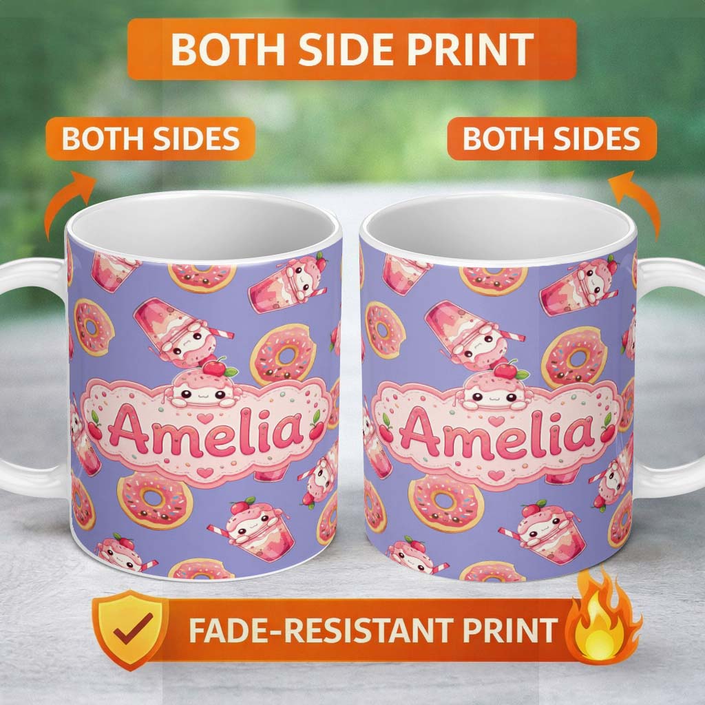 Personalized Custom Name Cute Kawaii Donut and Strawberry Drink Pattern Purple Background 11oz Ceramic Coffee Tea Mug White Large Handle