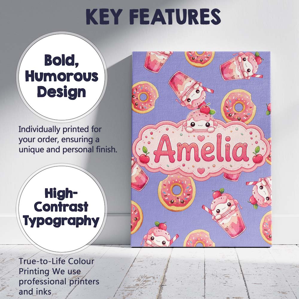 Personalised Name Cute Kawaii Donut and Custom Modern Room Accent Elegant Feature Canvas Wall Art Print Decor Picture Ready to Hang