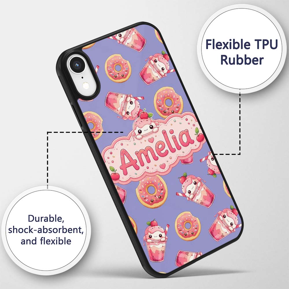 Cute Kawaii Donut and Strawberry Drink Pattern Custom Name Protective Phone Case Mobile Cover Durable Everyday Smartphone Shock Resistant