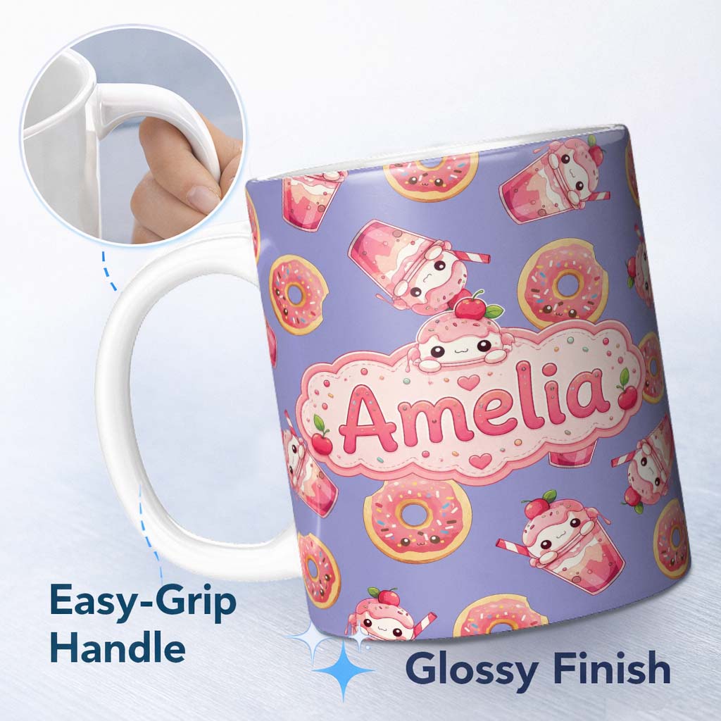 Personalized Custom Name Cute Kawaii Donut and Strawberry Drink Pattern Purple Background 11oz Ceramic Coffee Tea Mug White Large Handle