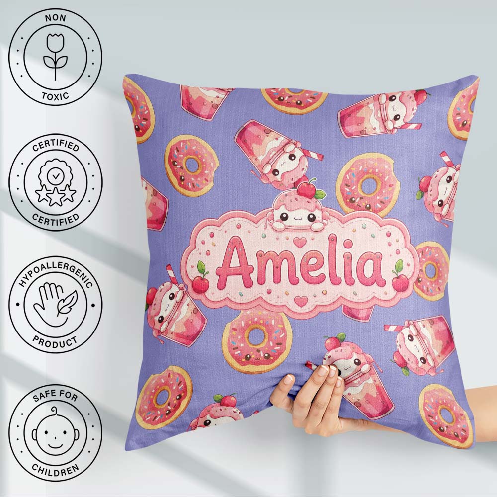 Custom Name Kawaii Donut and Strawberry Drink Pattern Background Square Filled Cushion Throw Pillow Sofa Bed Home Decor Zip Washable UK Made