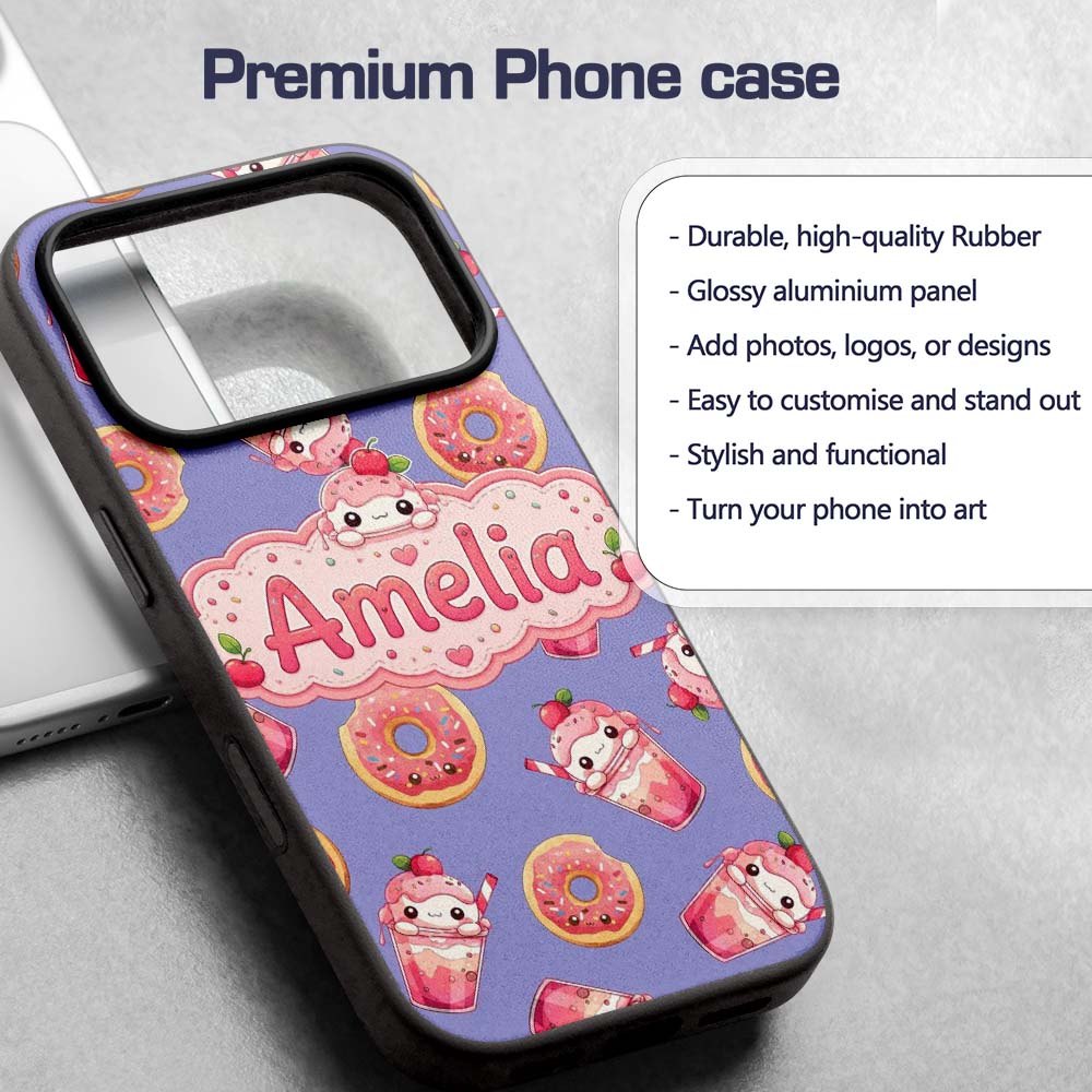 Cute Kawaii Donut and Strawberry Drink Pattern Custom Name Protective Phone Case Mobile Cover Durable Everyday Smartphone Shock Resistant