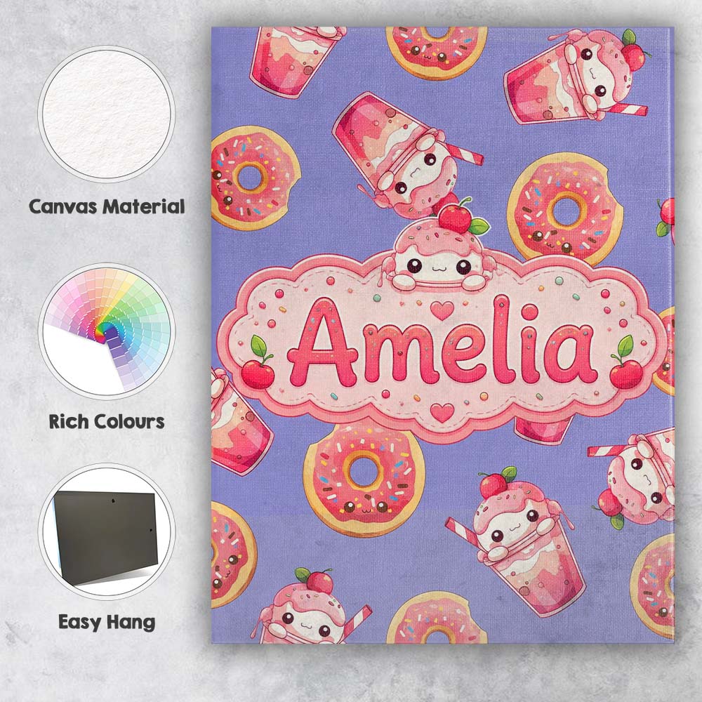 Personalised Name Cute Kawaii Donut and Custom Modern Room Accent Elegant Feature Canvas Wall Art Print Decor Picture Ready to Hang