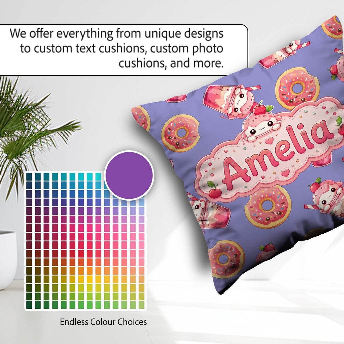 Custom Name Kawaii Donut and Strawberry Drink Pattern Background Square Filled Cushion Throw Pillow Sofa Bed Home Decor Zip Washable UK Made