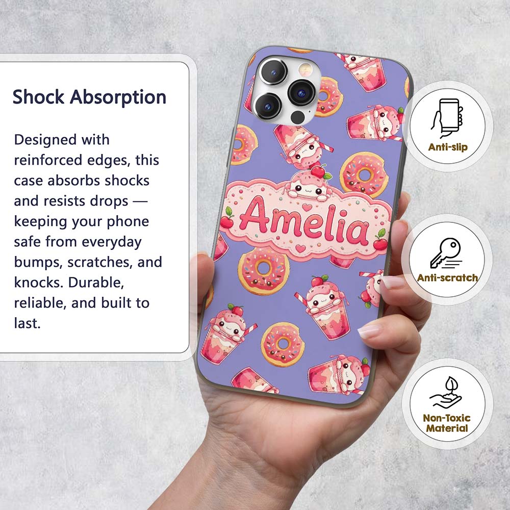 Cute Kawaii Donut and Strawberry Drink Pattern Custom Name Protective Phone Case Mobile Cover Durable Everyday Smartphone Shock Resistant