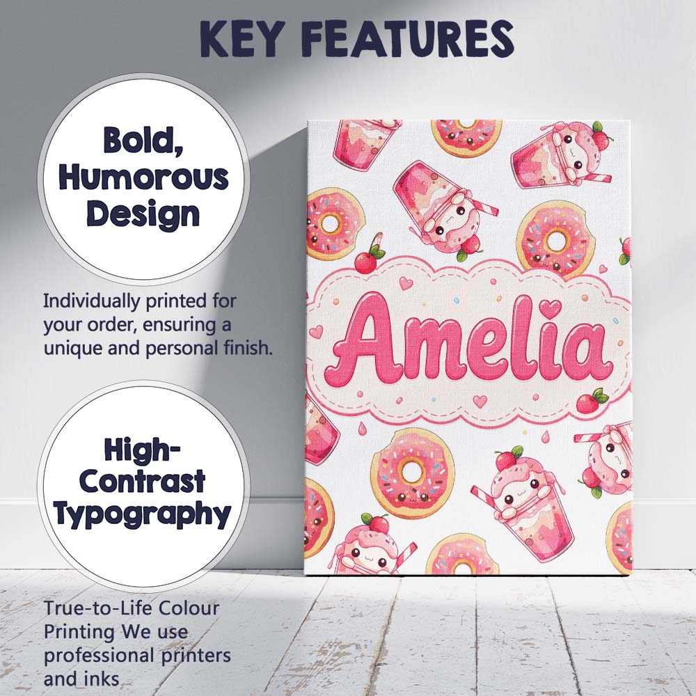 Personalised Name Cute Kawaii Donut and Custom Modern Room Accent Elegant Feature Canvas Wall Art Print Decor Picture Ready to Hang