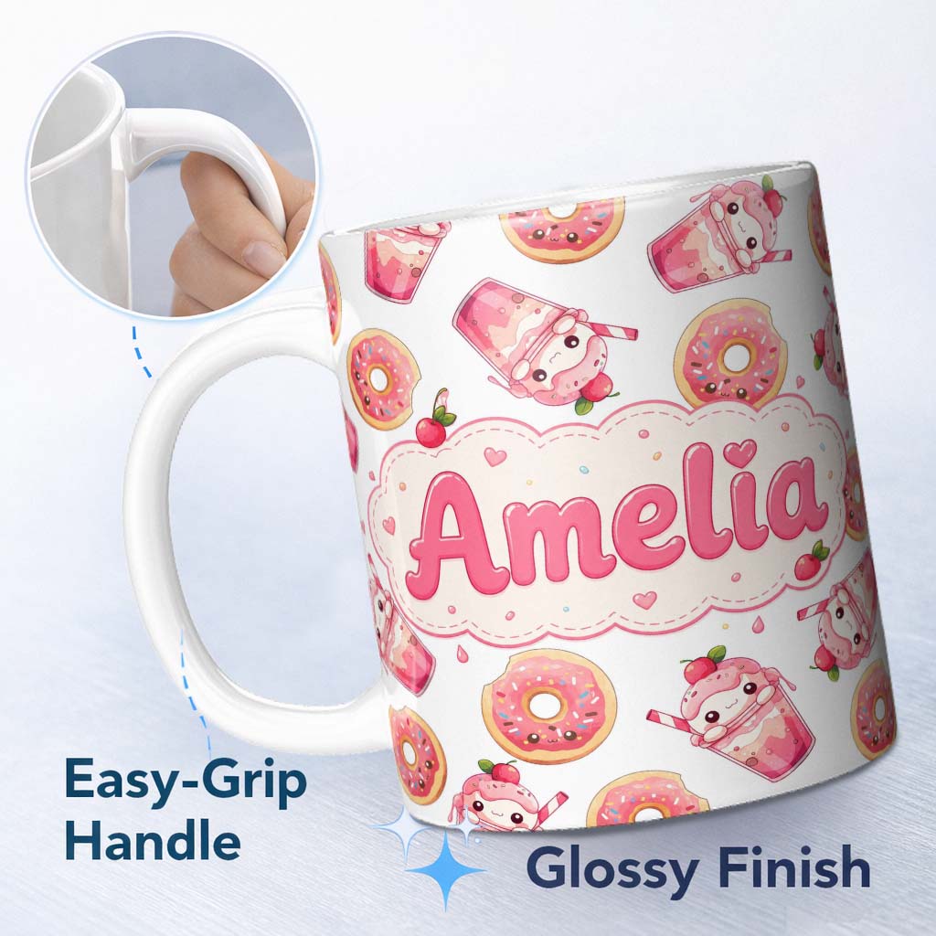 Personalized Custom Name Cute Kawaii Donut and Strawberry Drink Pattern Light Grey 11oz Ceramic Coffee Tea Mug White Large Handle
