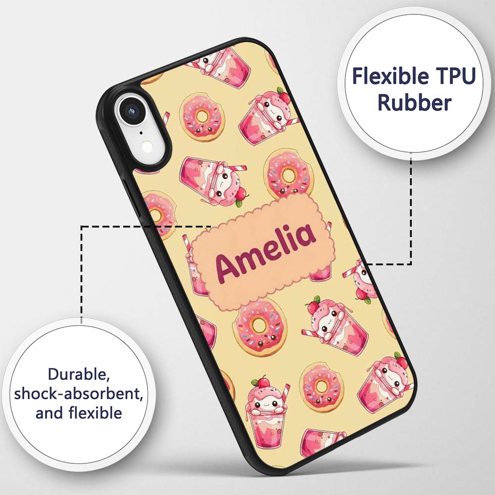 Cute Kawaii Donut and Strawberry Drink Pattern Custom Name Protective Phone Case Mobile Cover Durable Everyday Smartphone Shock Resistant