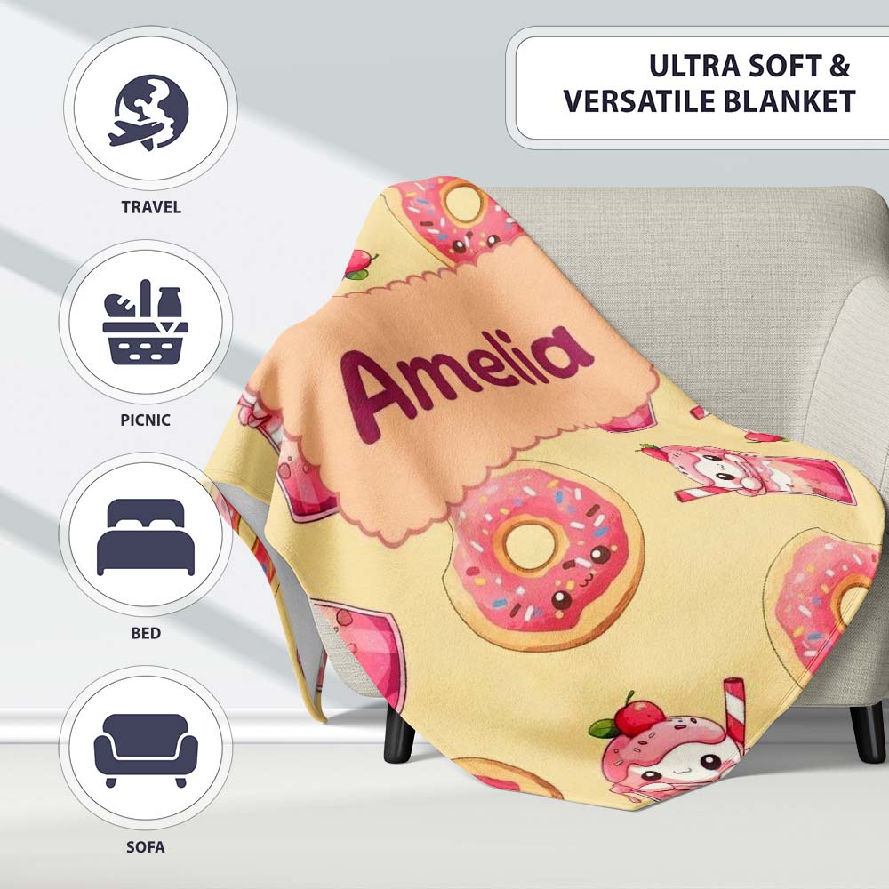 Cute Kawaii Donut and Strawberry Drink Pattern Yellow Background Personalised Custom Name Super Soft Fleece Blanket Bed Sofa Throw