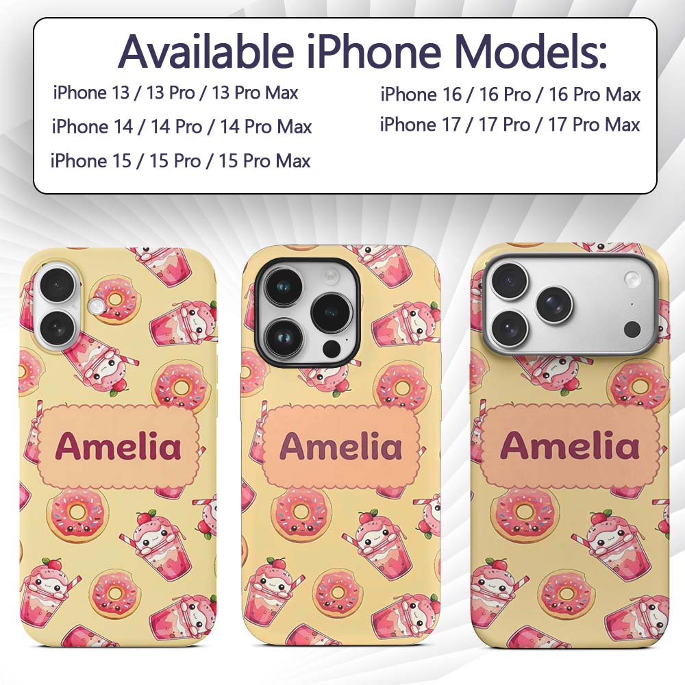 Cute Kawaii Donut and Strawberry Drink Pattern Custom Name Protective Phone Case Mobile Cover Durable Everyday Smartphone Shock Resistant