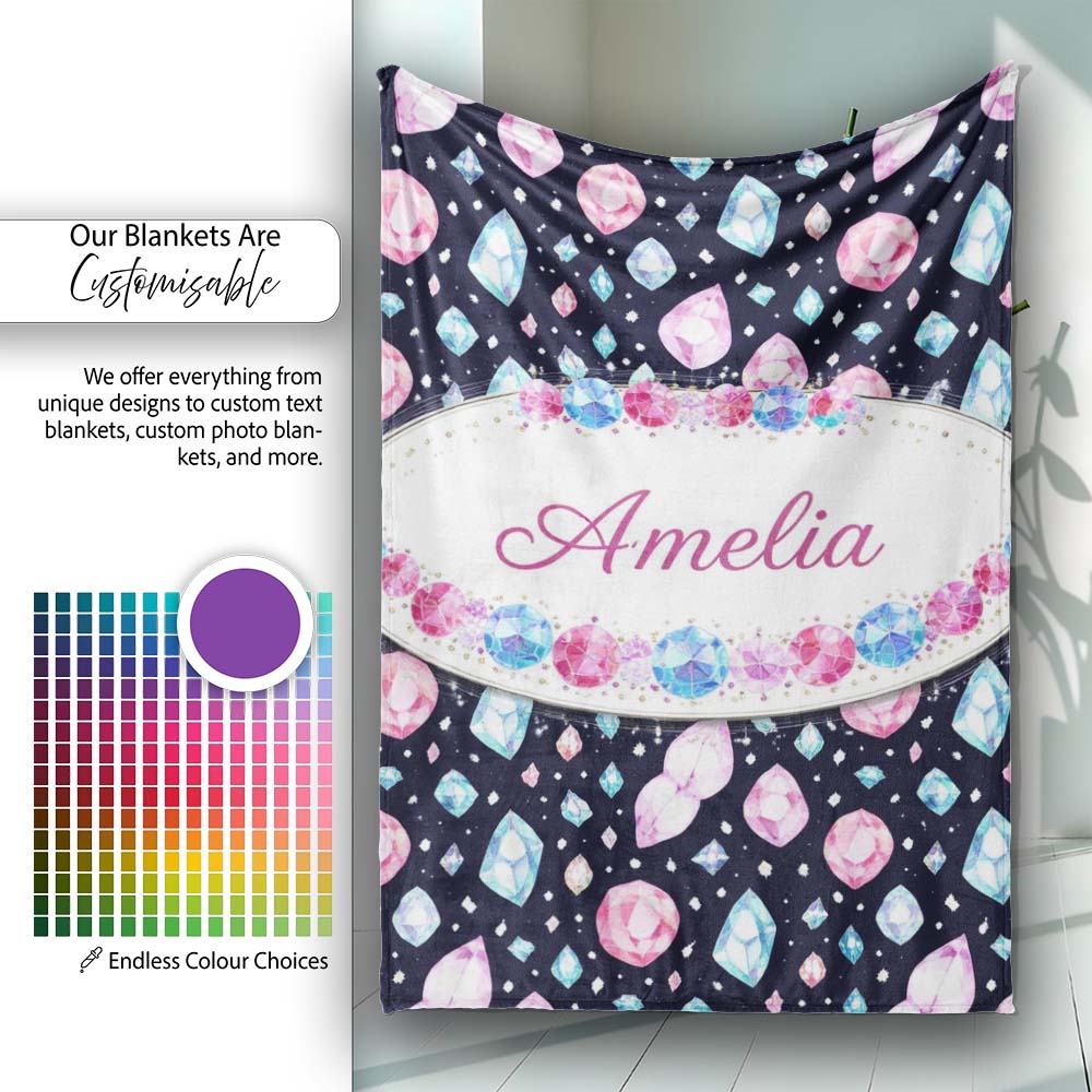 Navy Blue Cosmic Crystal Gemstone Seamless Pattern Cute Unique Gift Personalised Custom Name Super Soft Fleece Blanket Bed Sofa Throw