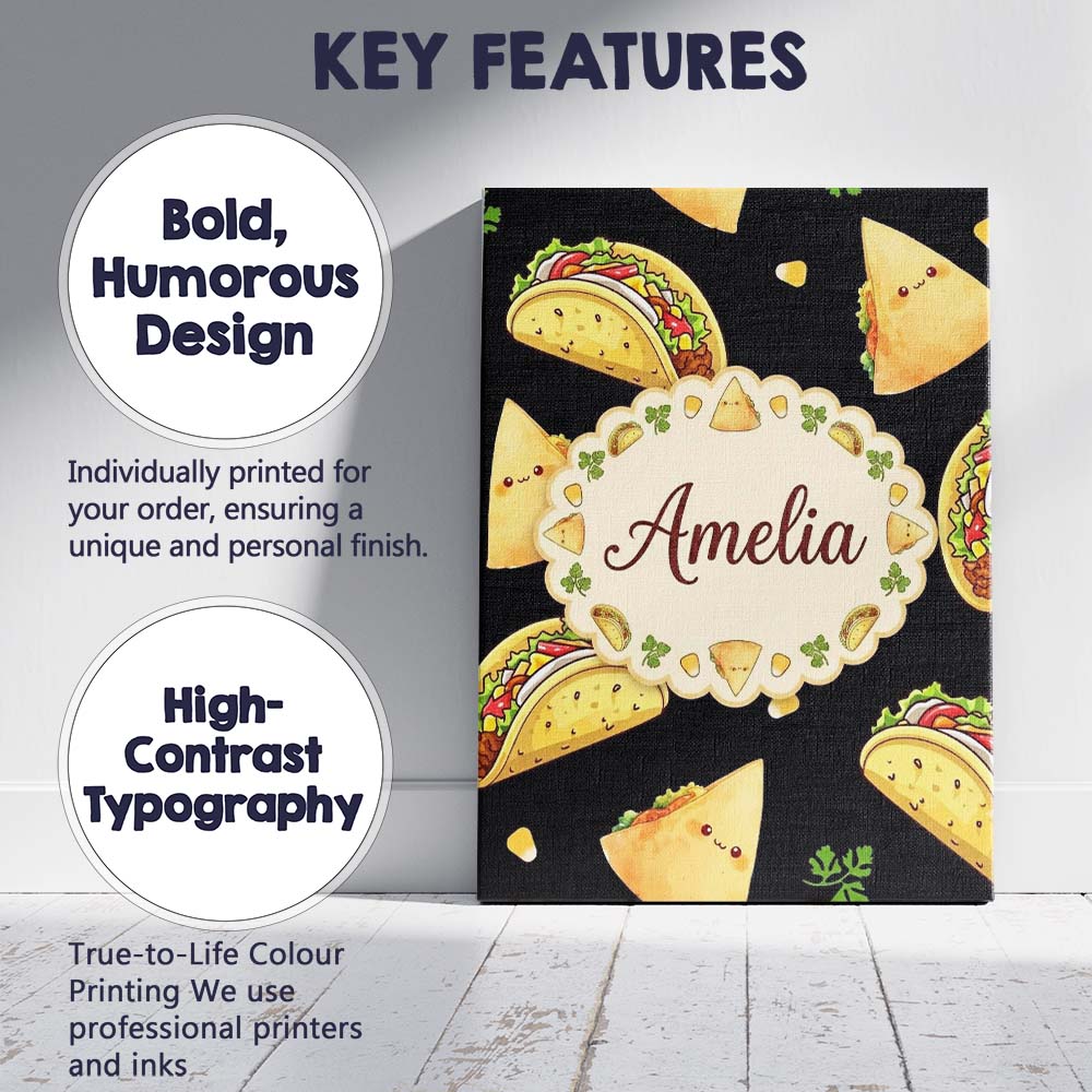 Personalised Name Cute Kawaii Taco and Wrap Custom Bespoke Interior Contemporary Canvas Wall Art Print Decor Picture Ready to Hang