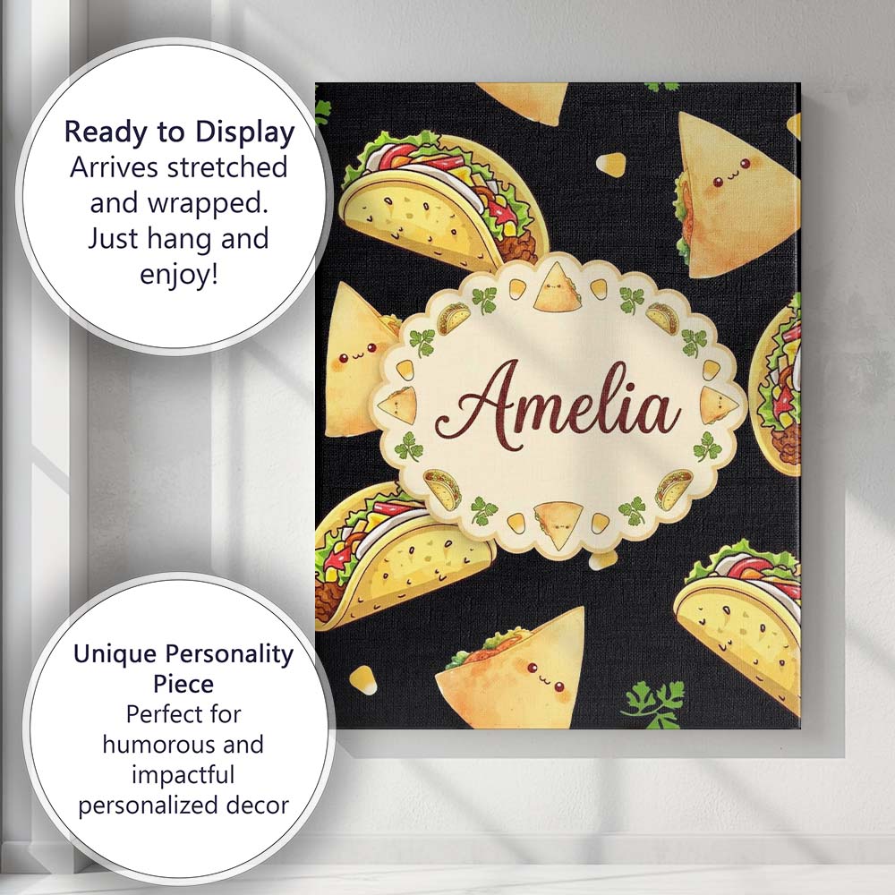 Personalised Name Cute Kawaii Taco and Wrap Custom Bespoke Interior Contemporary Canvas Wall Art Print Decor Picture Ready to Hang