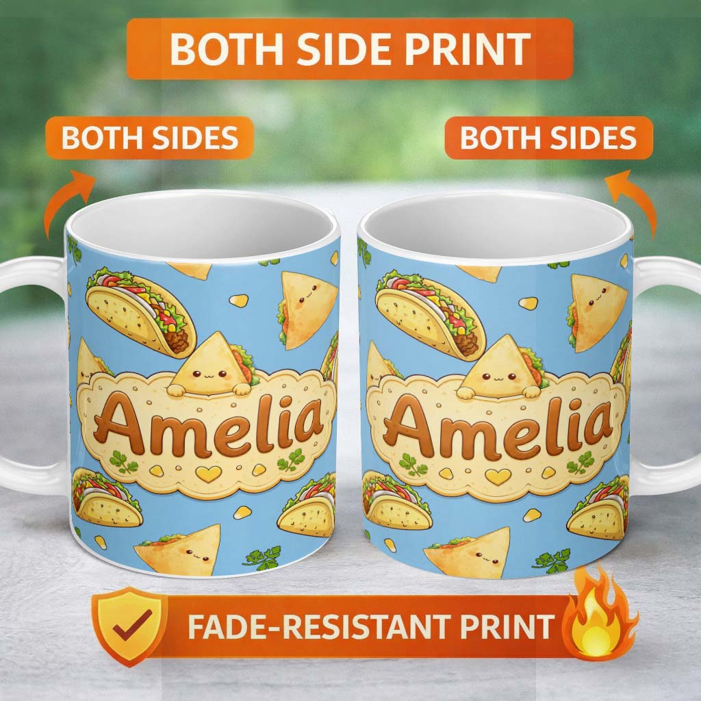Personalized Custom Name Cute Kawaii Taco and Wrap Food Pattern Blue Background Seamless Name 11oz Ceramic Coffee Tea Mug White Large Handle