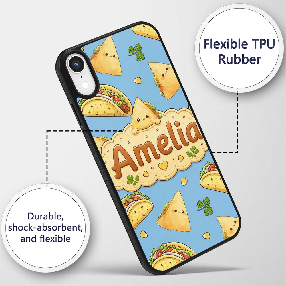 Cute Kawaii Taco and Wrap Food Printed Design Custom Name Protective Phone Case Mobile Cover Durable Everyday Smartphone Shock Resistant