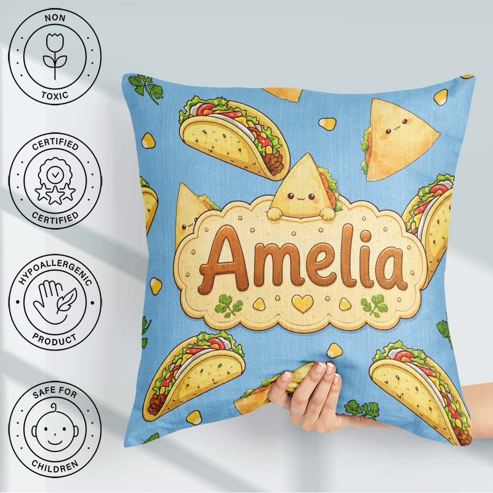 Custom Name Kawaii Taco and Wrap Food Pattern Blue Seamless Name Square Filled Cushion Throw Pillow Sofa Bed Home Decor Zip Washable UK Made