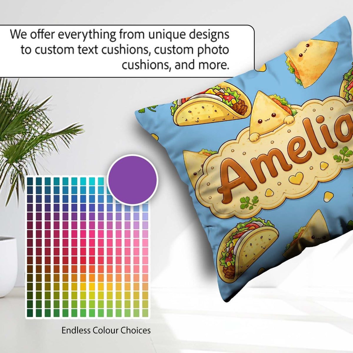 Custom Name Kawaii Taco and Wrap Food Pattern Blue Seamless Name Square Filled Cushion Throw Pillow Sofa Bed Home Decor Zip Washable UK Made