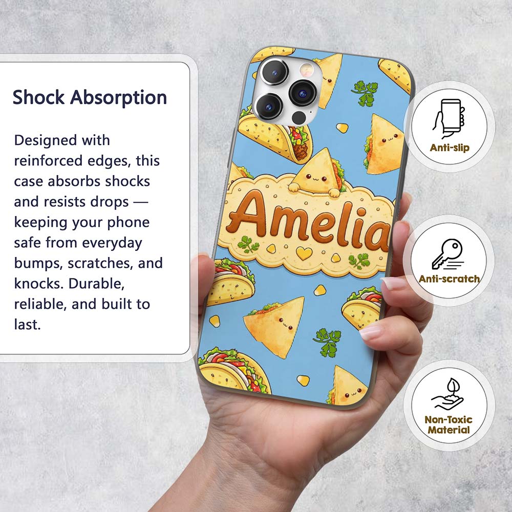 Cute Kawaii Taco and Wrap Food Printed Design Custom Name Protective Phone Case Mobile Cover Durable Everyday Smartphone Shock Resistant