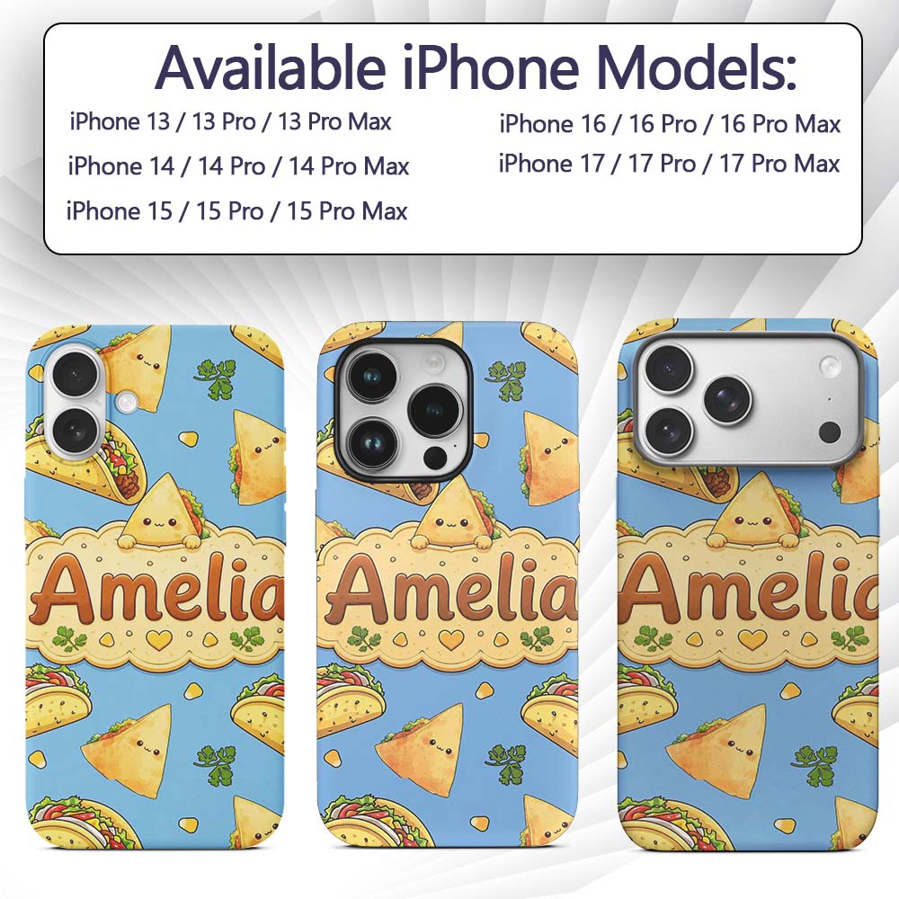 Cute Kawaii Taco and Wrap Food Printed Design Custom Name Protective Phone Case Mobile Cover Durable Everyday Smartphone Shock Resistant