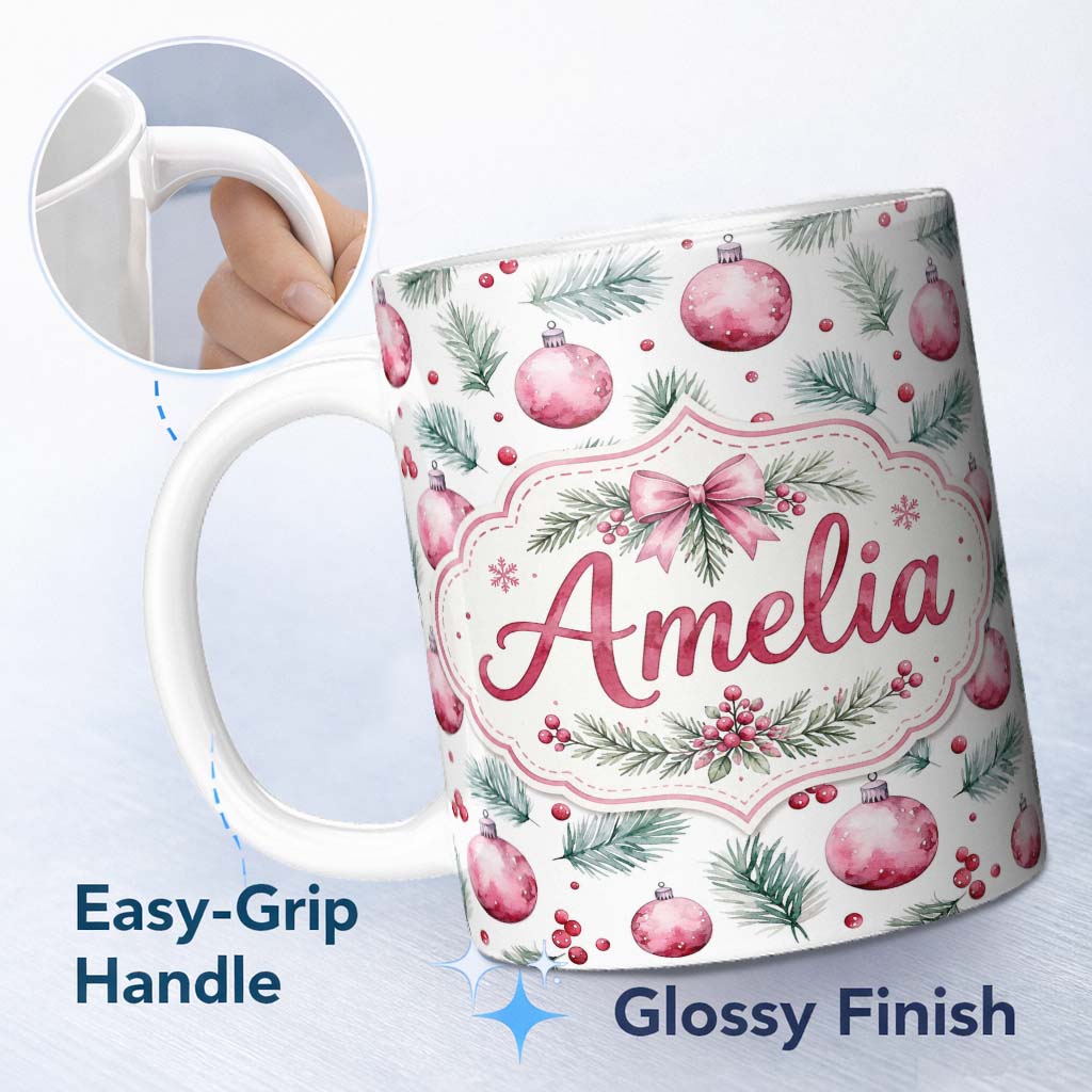 Personalized Custom Name Watercolor Pink Christmas Baubles Pine Branch Berries Seamless 11oz Ceramic Coffee Tea Mug White Large Handle